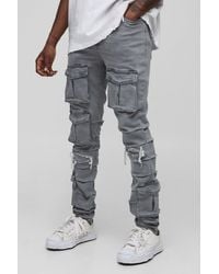 Boohoo - Tall Ruched Rip & Repair Ice Wash Cargo Skinny Jeans - Lyst