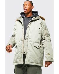 BoohooMAN - Satin Rouched Parka With Faux Fur Trim Hood - Lyst