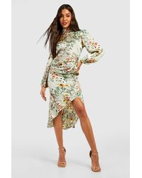 Boohoo - Floral Print High Neck Ruched Midi Dress - Lyst