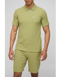 Boohoo - Slim Textured Zip Neck Embroidered Polo & Slim Shorts Set - Lyst