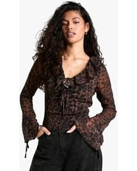 Boohoo - Chiffon Leopard Ruffle Tie Front Blouse - Lyst