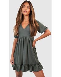 Boohoo - Ribbed Puff Sleeve V Neck Tiered Smock Dress - Lyst