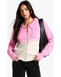 Boohoo - Chunky Knit Cable Detail Zip Through Collared Sweater - Lyst
