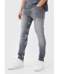 Boohoo - Skinny Stretch Overdyed Applique Gusset Jeans In Grey - Lyst