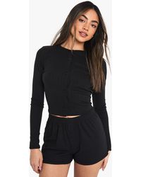 Boohoo - Loungewear Soft Rib Long Sleeve Button Through Top & Shorts Set - Lyst