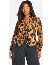 Boohoo - Blusa Plus Con Mangas Bombachas Y Atadura Frontal Con Volante - Lyst