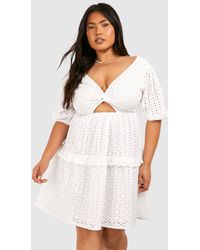 Boohoo - Plus Woven Broderie Cut Out Detail Mini Dress - Lyst