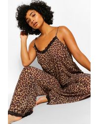 Boohoo Plus Chiffon Leopard Lace Pj Set - Brown