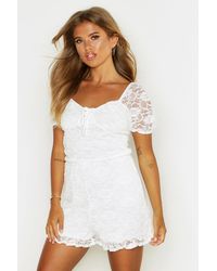 Boohoo Womens Lace Puff Sleeve Sweetheart Romper - White
