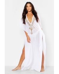 Boohoo Embroidered Gold Beach Kaftan Maxi Dress In White Lyst