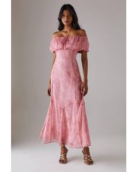 Warehouse - Chiffon Bardot Godet Insert Milkmaid Midi Dress - Lyst