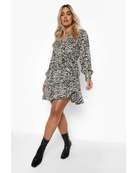 Boohoo - Plus Leopard Wrap Ruffle Skater Dress - Lyst