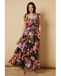 Oasis - Ruched Ruffle Tiered Tie Strap Midi Dress - Lyst