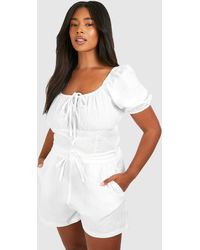 Boohoo - Plus Linen Feel Puff Sleeve Ruched Bust Crop Top - Lyst