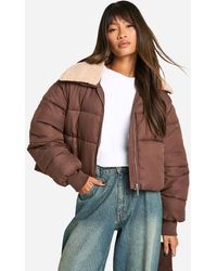 Boohoo - Teddy Trim Collar Puffer Jacket - Lyst