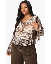 Boohoo - Plus Chiffon Animal Print Ruffle Tie Blouse - Lyst