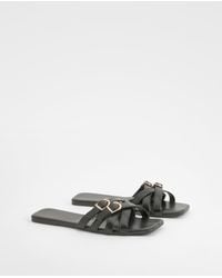 Boohoo - Square Toe Double Buckle Mule Sandals - Lyst