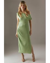Warehouse - Crinkle Satin Fallen Shoulder Knot Side Midi Dress - Lyst