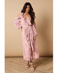 Oasis - Petite Printed V Neck Cold Shoulder Belt Detail Midi Dress - Lyst