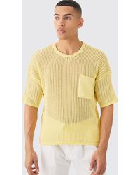 BoohooMAN - Oversized Open Stitch T-shirt With Pocket In Yellow - Lyst