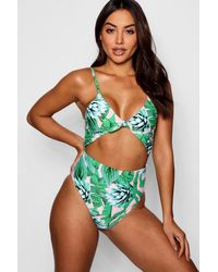 Boohoo Womens Cuba Tropical Floral Cut Out Tie Swimsuit - peach - 34, Peach - Grün