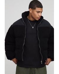 Boohoo - Boxy Fit Borg Nylon Mix Funnel Neck Puffer Jacket - Lyst