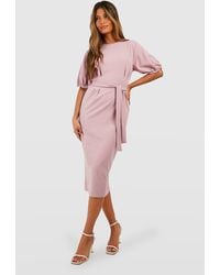 Boohoo - Crepe Pleat Front Puff Sleeve Belted Midaxi Dress - Lyst