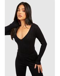 Boohoo - Petite Mixed Rib V Neck Knitted One Piece - Lyst