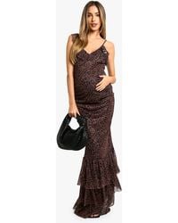 Boohoo - Maternity Leopard Print Mesh Ruffle Hem Detail Strappy Maxi Dress - Lyst