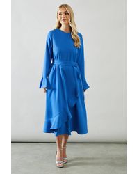 Wallis - Petite Ruffle Front Belted Midi Dress - Lyst