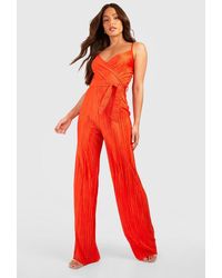 Boohoo - Tall Wrap Front Plisse Belted Wide Leg Jumpsuit - Lyst