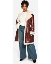 Boohoo - Plus Faux Leather Teddy Trim Longline Aviator Jacket - Lyst