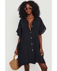 Boohoo - Linen Look Button Front Batwing Beach Kaftan Shirt - Lyst