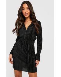 Boohoo - Plisse Tie Waist Shirt Dress - Lyst