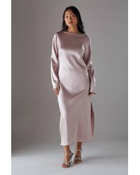 Warehouse - Petite Crinkle Satin Bias Tie Sleeve Midi Dress - Lyst