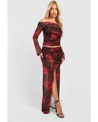 Boohoo - Mixed Print Mesh Ruched Front Maxi Skirt - Lyst