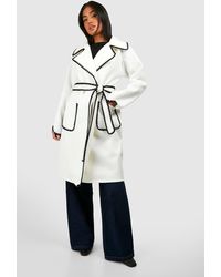 Boohoo - Petite Contrast Stitch Belted Wool Look Coat - Lyst