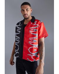 BoohooMAN Tall Boxy Fit Spliced Graphic Satin Shirt - Red