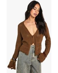 Boohoo - Crochet Knitted Tie Front Flare Sleeve Cardigan - Lyst