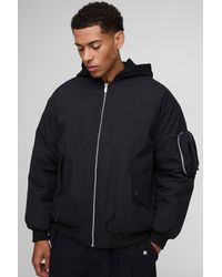 BoohooMAN - Oversized Fit Pu Applique Nylon Hooded Bomber Jacket - Lyst