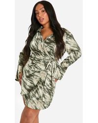 Boohoo - Plus Marble Print Wrap Shirt Dress - Lyst