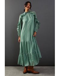 Warehouse - Shadow Stripe Tie Back Neck Ruffle Tier Midi Dress - Lyst