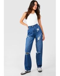 Boohoo - Tall Washed Blue Distressed Straight Leg Jeans - Lyst