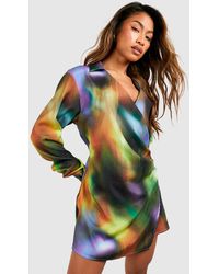 Boohoo - Abstract Satin Wrap Shirt Dress - Lyst