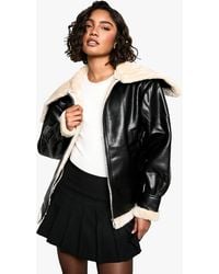 Boohoo - Tall Faux Fur Collar Leather Jacket - Lyst