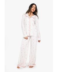 Boohoo - Bow Print Piping Detail Long Sleeve Shirt & Trousers Pyjama Set - Lyst