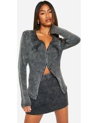 Boohoo - Acid Wash Double Zip Polo Collar Rib Cardigan - Lyst