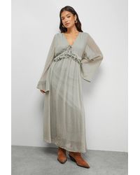 Warehouse - Petite Dobby Chiffon Plunge Neck Ruffle Midi Smock Dress - Lyst