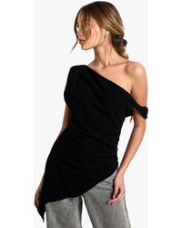 Boohoo - Linen Look Drape One Shoulder Asymmetric Top - Lyst