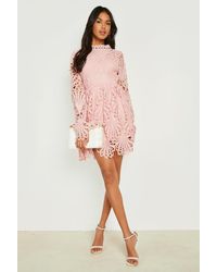 Boohoo High Neck Flared Sleeve Lace Skater Dress - Pink
